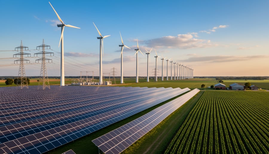 Aerial view of solar panels and wind turbines positioned near farmland and power transmission lines