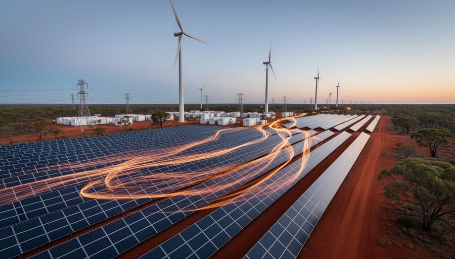 Australian renewable energy scene at twilight with a foreground solar farm, mid-ground wind turbines, subtle glowing light trails indicating data connectivity, and distant battery storage units and transmission lines across red-earth terrain with eucalyptus.