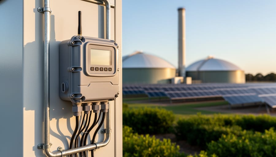 Close-up of a weatherproof smart energy meter with antenna and cables on an outdoor control panel at an Australian bioenergy plant, golden-hour light, with blurred biogas domes, CHP stack, and solar panels in the background.