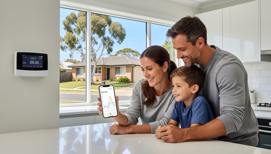 Smart meter display showing real-time energy consumption readings on residential wall