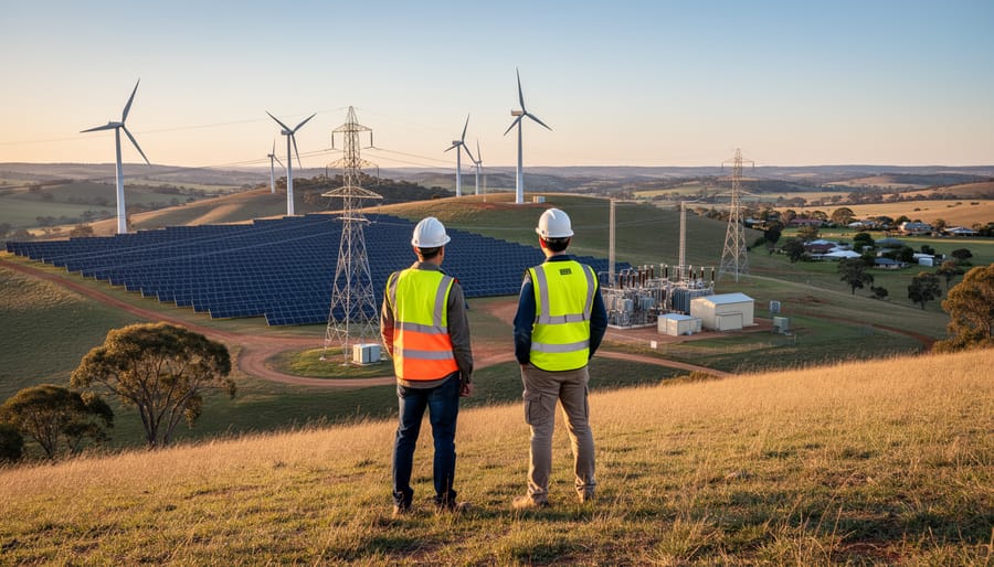 Two renewable energy planners in high-visibility vests on a ridge overlooking wind turbines, a solar farm, a substation, and transmission lines near a small rural Australian town at golden hour