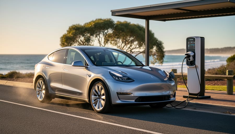 Silver electric car plugged into a fast charger by an Australian coastal highway at golden hour, with heat shimmer over asphalt and blurred eucalyptus trees and ocean in the background