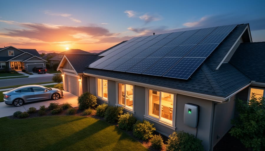 Solar panels on Australian suburban home roof at sunset with neighborhood in background