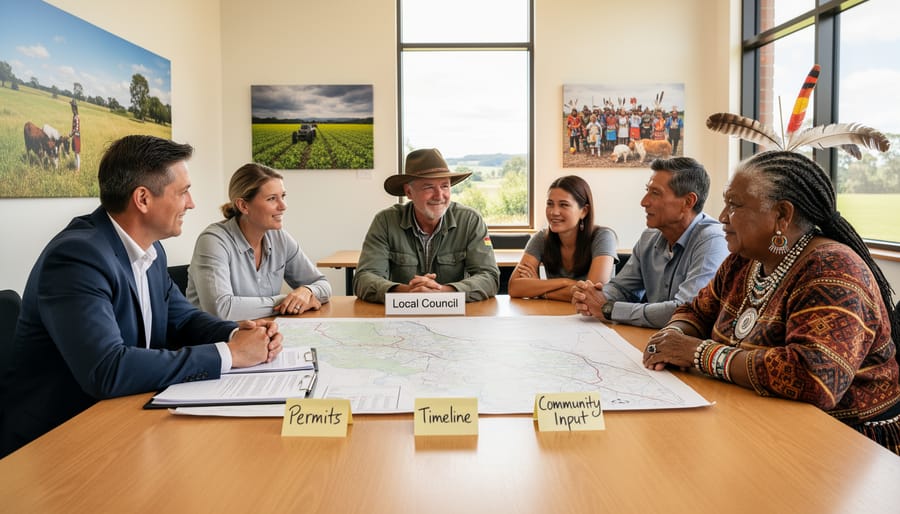 Community stakeholders meeting outdoors to discuss renewable energy project planning