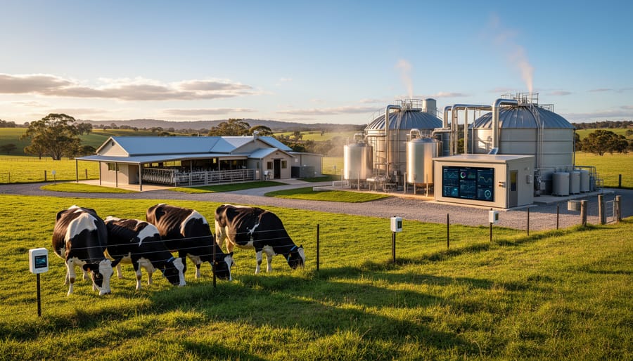 Biogas energy facility integrated into Victorian dairy farm with grazing cattle