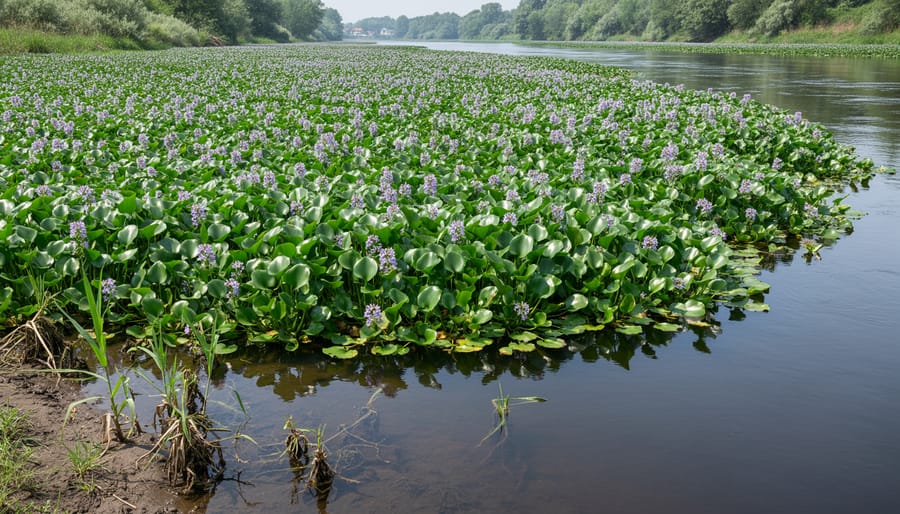 Dense water hyacinth infestation covering entire waterway surface