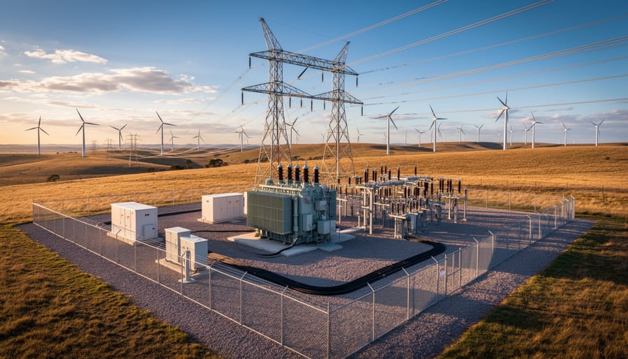 Modern grid substation with white inverter enclosures and a step-up transformer in the foreground, transmission lines extending toward a utility-scale wind farm on rolling plains under a golden-hour South Australian sky.