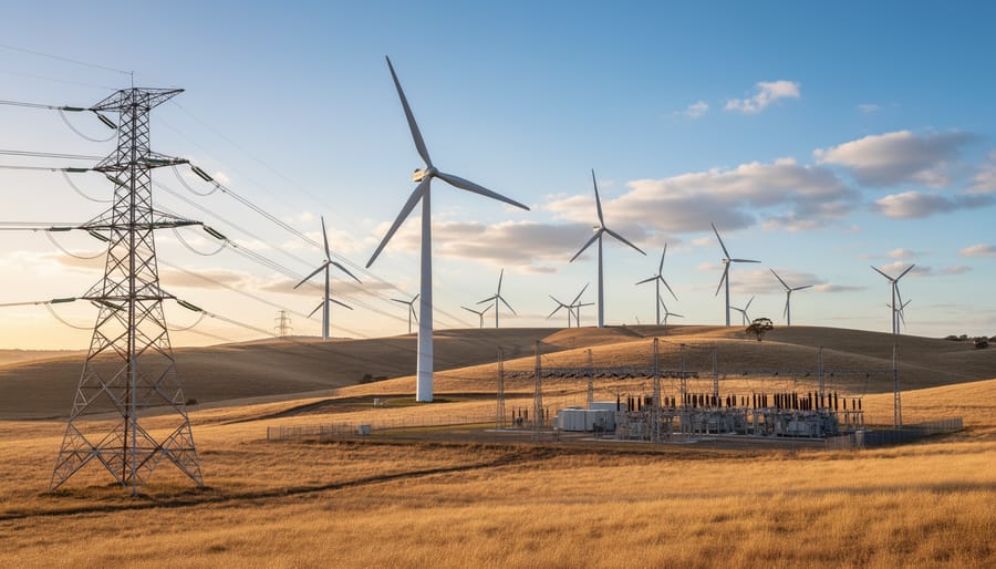Wind turbines with electrical transmission towers and power lines in Australian landscape
