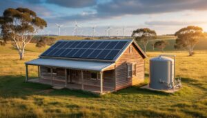 Rural Australian farmhouse with solar panels on a corrugated roof and a nearby biogas digester tank, set against softly blurred hills and distant wind turbines at golden hour.