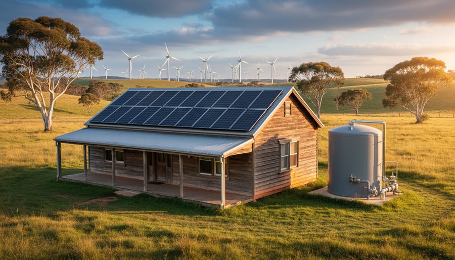 Rural Australian farmhouse with solar panels on a corrugated roof and a nearby biogas digester tank, set against softly blurred hills and distant wind turbines at golden hour.