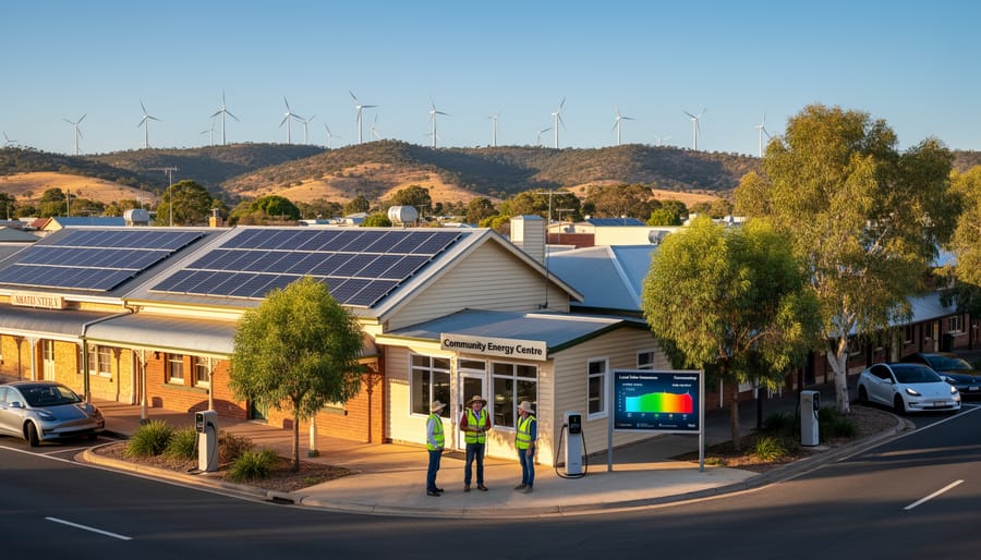 Modern Australian rural town main street with solar panels on community buildings