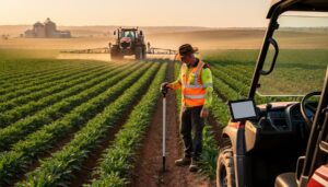 Australian grain farm at sunrise with a tractor and precision agricultural equipment beside a soil sensor and farmer, representing AI-enabled, data-driven farming.