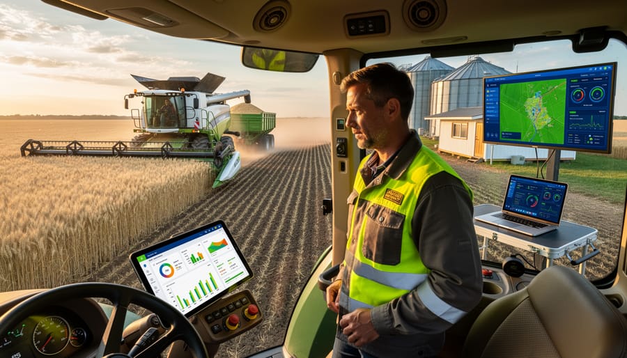 Australian grain farmer standing near a combine harvester in a wheat paddock
