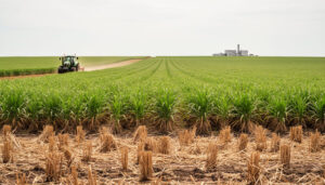 Wide view of a large Australian monoculture crop field with tractor tracks and crop stubble, with distant bioenergy facility infrastructure on the horizon.