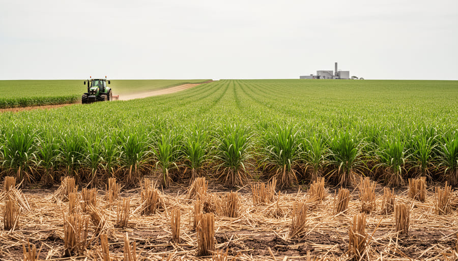 Wide view of a large Australian monoculture crop field with tractor tracks and crop stubble, with distant bioenergy facility infrastructure on the horizon.