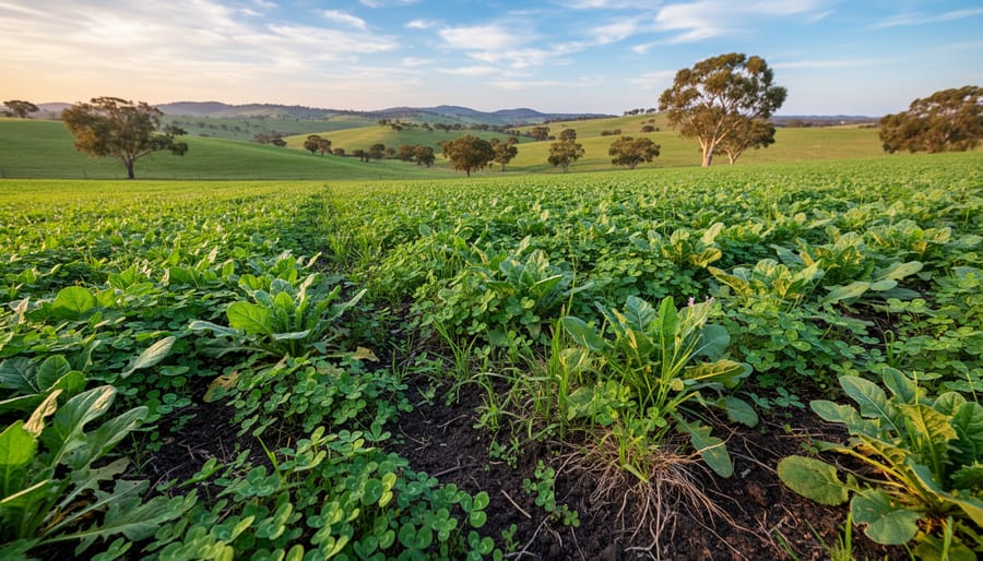Australian wheat paddock showing living ground cover and healthy-looking soil texture at the field edge.