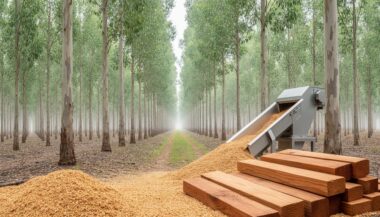 “Sunlit eucalyptus plantation forest with timber offcuts and sawdust in the foreground, suggesting renewable forestry and bioenergy use of wood residues.”