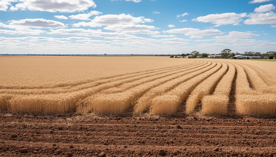 Golden and green wheat field in Australia with visible tractor tracks and open farmland toward the horizon