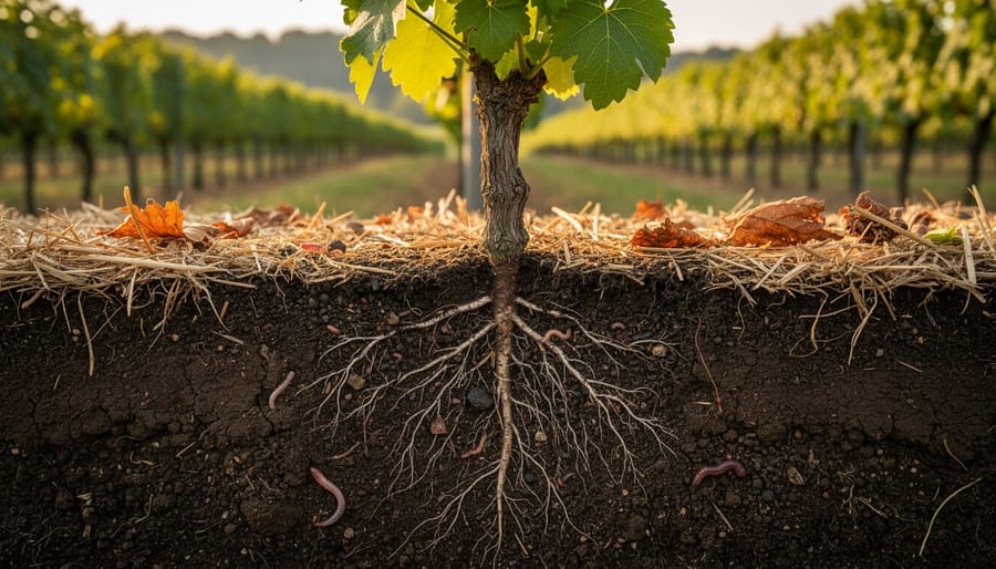 Macro view of rich dark soil and organic compost crumbling into a hand with visible fine roots