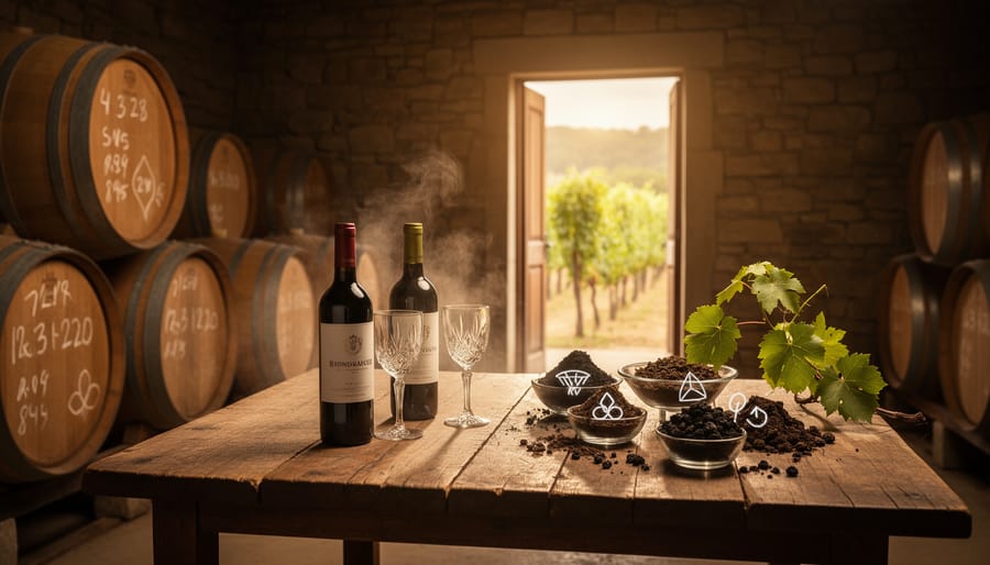 Sommelier tasting biodynamic wine in a winery cellar with barrels in the softly blurred background