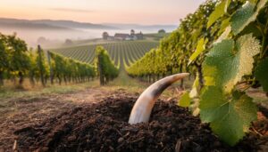 Dawn view of a biodynamic vineyard with dew-covered grapevines and rich dark soil in the foreground, suggesting regenerative compost practices.
