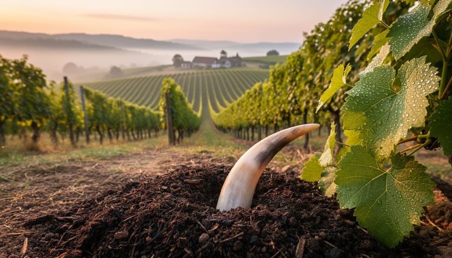 Dawn view of a biodynamic vineyard with dew-covered grapevines and rich dark soil in the foreground, suggesting regenerative compost practices.