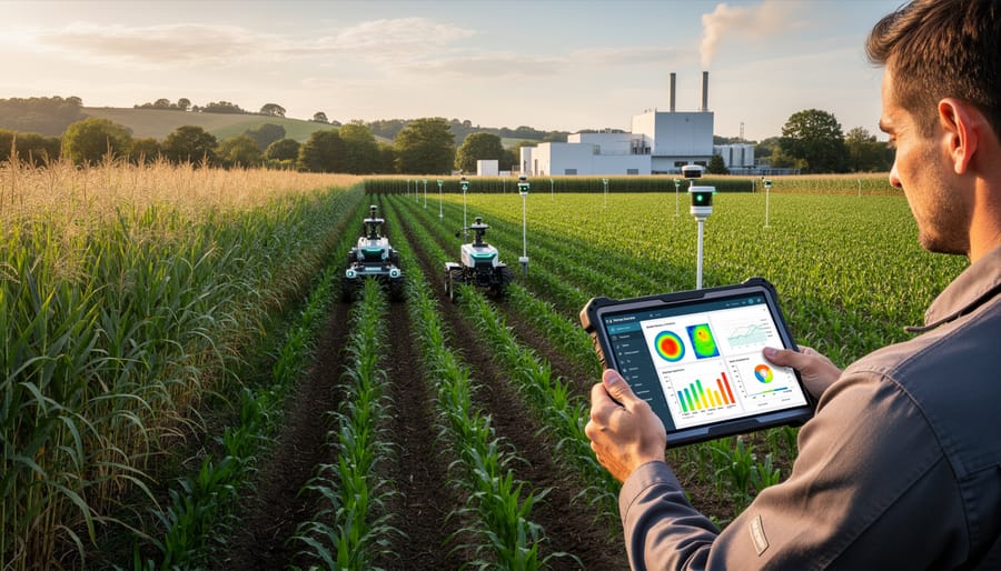 Unmanned agricultural rover parked in a biomass crop field at golden hour