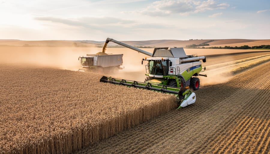 Combine harvester harvesting ripe wheat in an Australian field at dusk