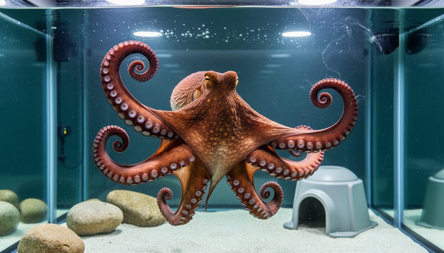 A common octopus inside a clear tank with underwater lighting and rocky shelter in the background.