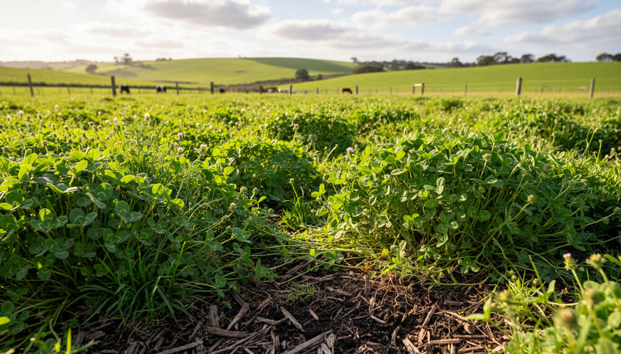 Diverse green cover crop in an Australian paddock with grazing animals in the background