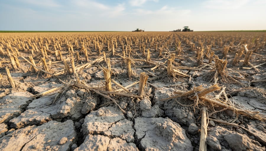 Close-up of dry cracked soil with stubble in a farm field