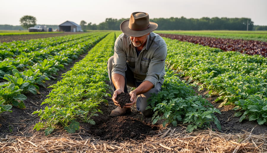Australian farmer inspecting crop rows beside a seeding or no-till implement in a paddock at golden hour.
