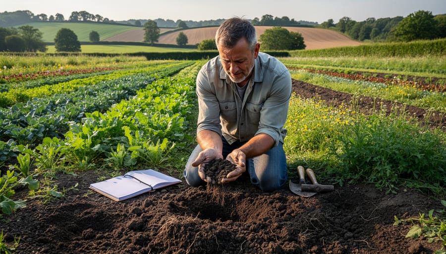 Farmer kneeling in a paddock checking soil with a probe and gloved hands