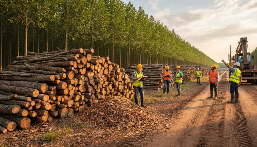 Forestry workers beside stacked timber residues near a plantation clearing at golden hour