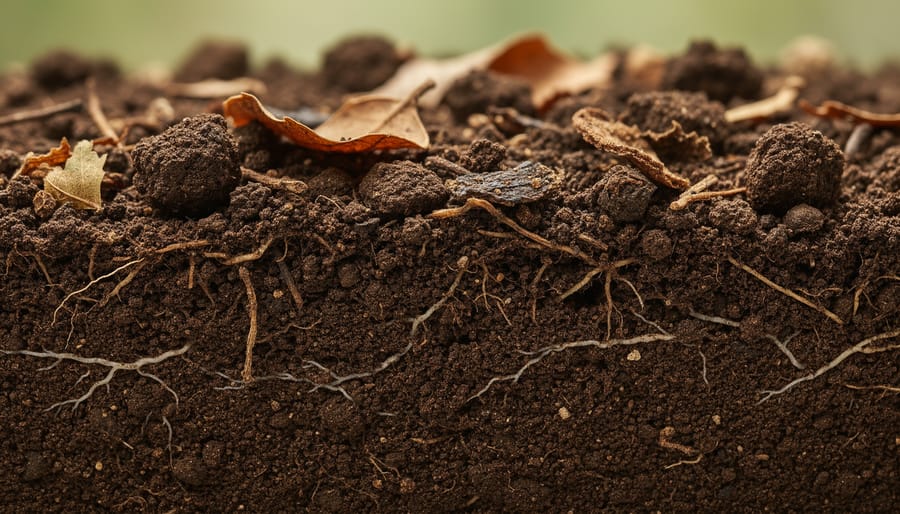 Close-up of dark healthy soil with organic matter and visible fine roots.