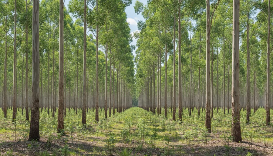 Healthy eucalypt trees in a managed Australian forest under soft daylight