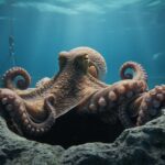 Underwater close-up of an octopus emerging from rocky surroundings, with faint industrial structures blurred in the distance to suggest captivity concerns.