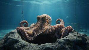 Underwater close-up of an octopus emerging from rocky surroundings, with faint industrial structures blurred in the distance to suggest captivity concerns.