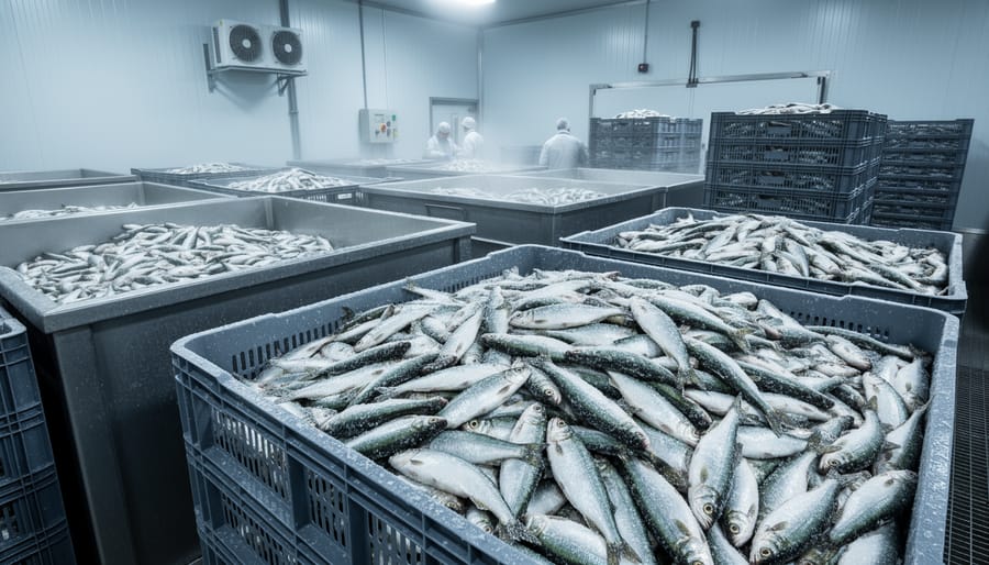 Whole fish stored in refrigerated stainless containers on ice, suggesting feed requirements for carnivorous aquaculture.