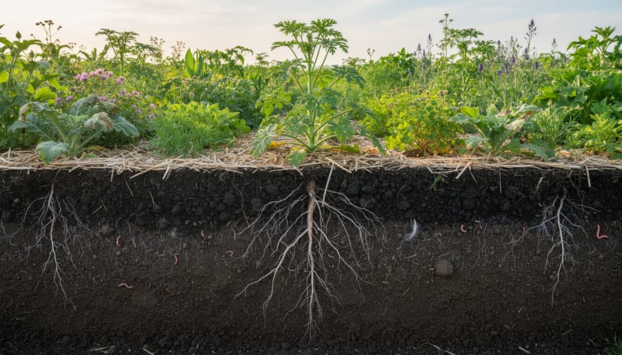 Close-up of dark, crumbly soil with visible fine roots and earthworms
