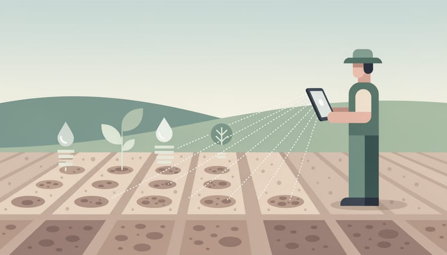 Soil sensor probe inserted into the ground beside a farming device, with crop foliage blurred in the background.