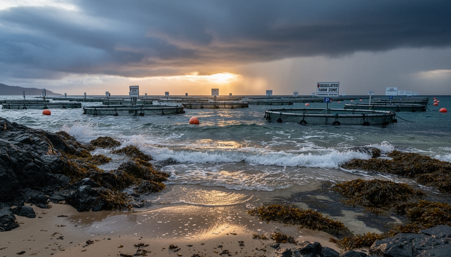Dusk ocean waves and rocky shoreline with blurred distant coastal infrastructure on the horizon.