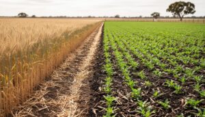 Australian farmland with crop rows and darker, living soil with cover crop greenery, suggesting regenerative restoration alongside sustainable farming.