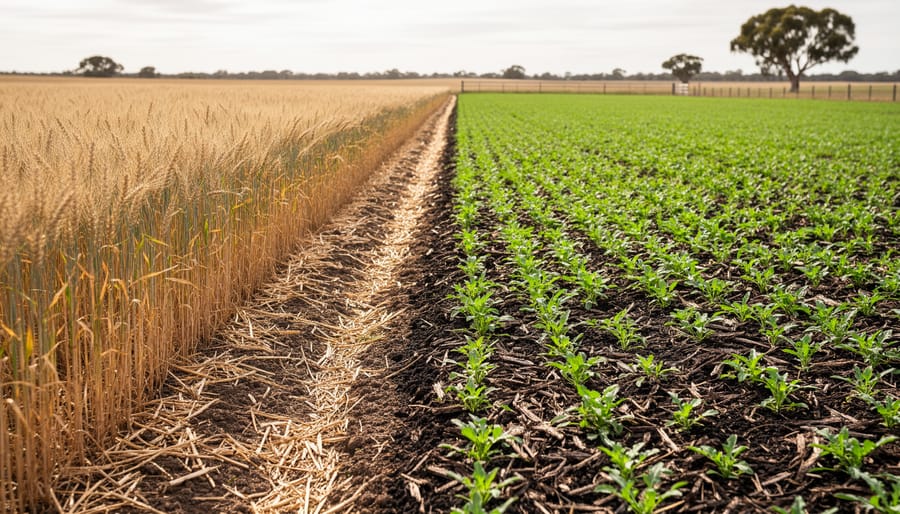 Australian farmland with crop rows and darker, living soil with cover crop greenery, suggesting regenerative restoration alongside sustainable farming.