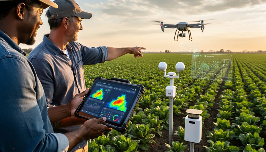 Gloved hands holding a tablet near crop rows with a drone hovering overhead