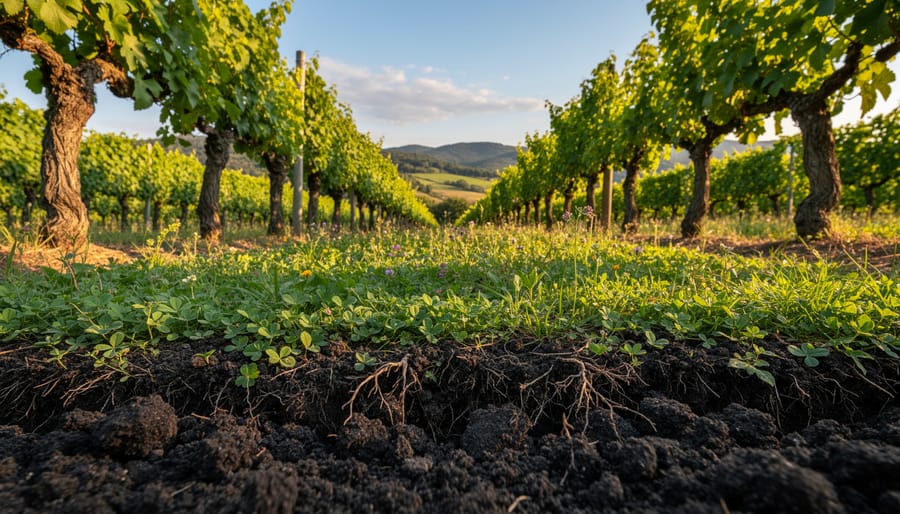 Healthy grapevine with clover cover crops and rich dark soil in a biodynamic-style vineyard