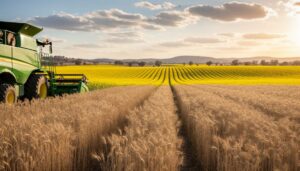 Golden wheat and canola paddocks in regional Australia with a tractor or combine harvester working in the foreground under warm golden hour light.
