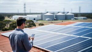 “Person holding a smartphone near an Australian rooftop solar installation with distant renewable energy infrastructure in the background.”