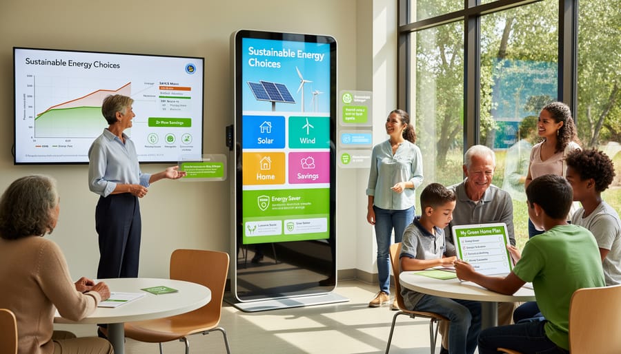 A community volunteer and residents viewing sustainable energy information on a smartphone outside in Australia