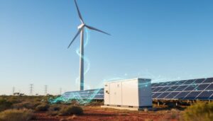 Wind turbine and solar farm with battery storage in an Australian outback setting, featuring a subtle glowing digital twin effect to represent real-time monitoring.